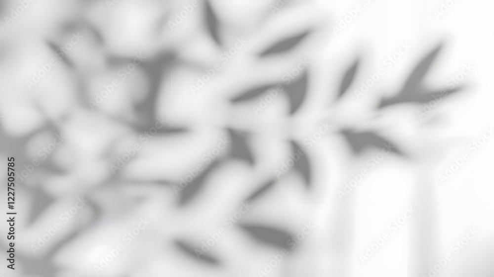 Poster Soft abstract shadows of natural tree leaves gently falling on a pristine white wall background creating a calming and organic visual effect with subtle gradients and delicate patterns