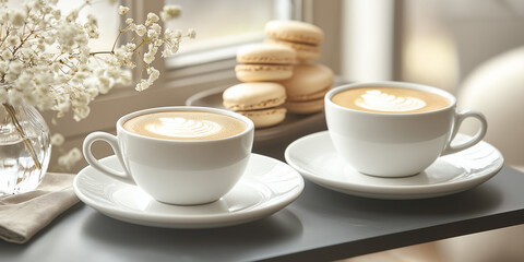 Obraz premium Two cups of coffee cappuccino and two macaroons on white wooden table