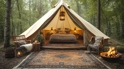 Camping tent in the woods. 3d render. Vintage style.