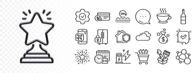 Refrigerator, Home insurance and Wine line icons for web app. Glare of light effect. Message icon. Pack of Confirmed, Money bag, Flight mode pictogram icons. Winner, Execute, Puzzle time signs. Vector