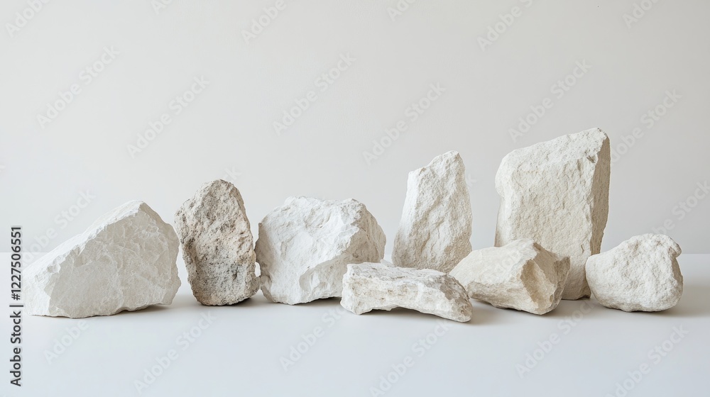 Poster a minimalist still life of different sized natural chalk rocks, each with unique textures and imperf