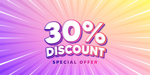 Discount sun rays gradient banner. Light burst background. 30 percent discount tag. Sale offer price sign. Special offer symbol. Gradient sun rays. Sunburst light. Vector