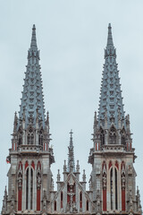 Twin spires of St. Nicholas Roman Catholic Church in Kyiv, Ukraine