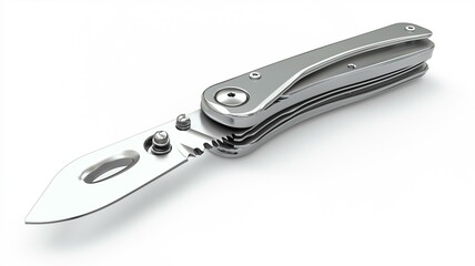 Photorealistic image of a silver retractable box cutter with a durable grip, isolated on a white background
