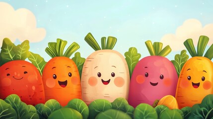 Playful cartoony characters of smiling vegetables in a lively farm setting, showcasing bright colors and fun expressions in a whimsical cartoon illustration