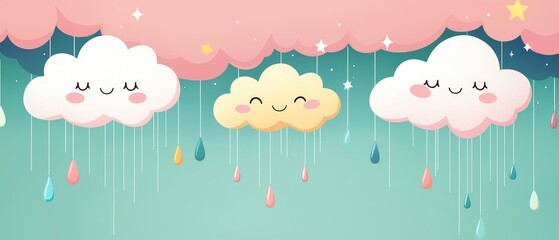 Charming cartoony characters of smiling clouds and raindrops dancing in a bright sky, creating a joyful and playful illustration