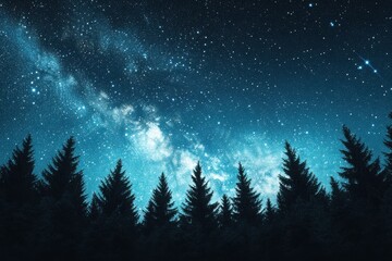 Naklejka premium A serene night sky filled with stars above a silhouette of pine trees, creating a tranquil and breathtaking view of nature.