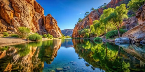 Fototapeta premium Serene water hole surrounded by majestic rock formations at Glen Helen Gorge, showcasing crystal-clear reflections and vibrant greenery , reflections, glen helengorge