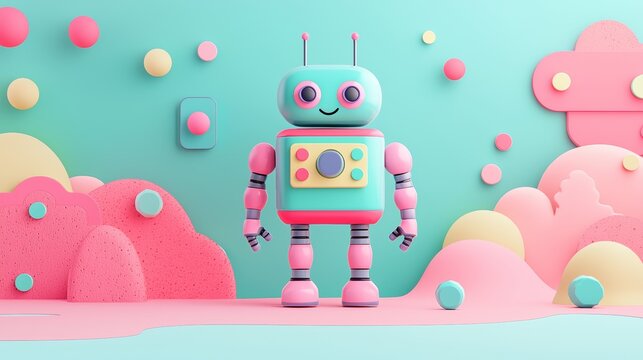 Fun cartoony characters of cheerful robots with colorful buttons and wheels, exploring a futuristic pastel world in a dynamic illustration