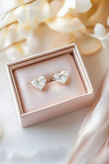 Two diamond earrings with a heart shaped design, in a satin pastel pink ring gift box, on a table with romantic modern pastel decor.