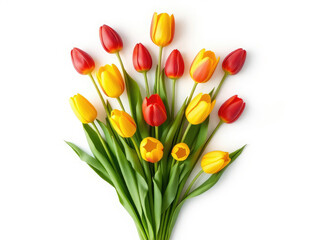Naklejka premium Set of yellow and red tulips symmetrically organized on a pristine white background, mirror image, natural light, tulip bunch, clean backdrop, precise arrangement