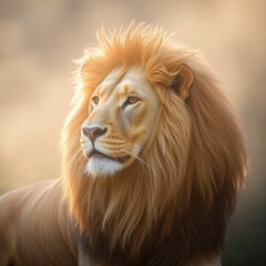 Fototapeta premium Majestic lion illuminated with soft light, showcasing a dreamy atmosphere and gentle shadows 