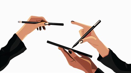 Elegant Vector Woman Black Hair Holding Card and Pen Gestures