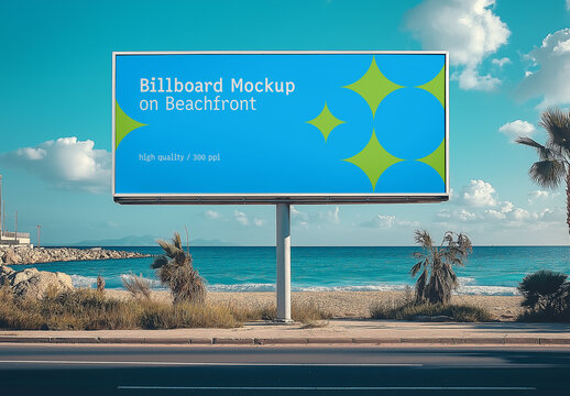 Outdoor Billboard Mockup on Beachfront with Clear Sky &ndash; Large Blank Banner for Advertising, Marketing Display, and Poster Promotion