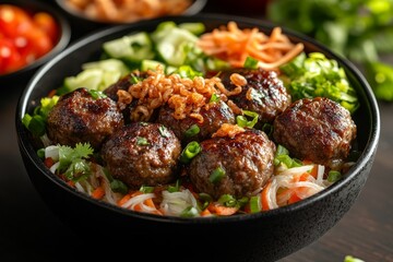 Meatball noodle bowl, fresh veggies, Asian cuisine