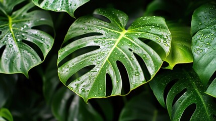Vibrant Monstera Leaves with Water Drops in Lush Green Background