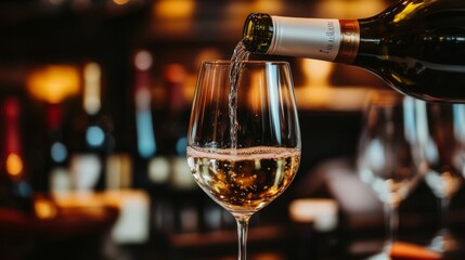 Pouring Exquisite White Wine into a Elegant Wineglass