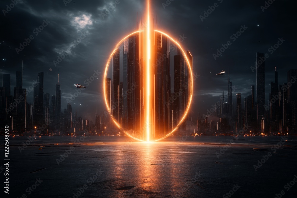 Poster a futuristic cityscape dramatically illuminated by a massive beam of light shooting into the sky, wi