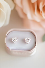 Two diamond earrings with a heart shaped design, in a satin pastel pink ring gift box, on a table with romantic modern pastel decor.