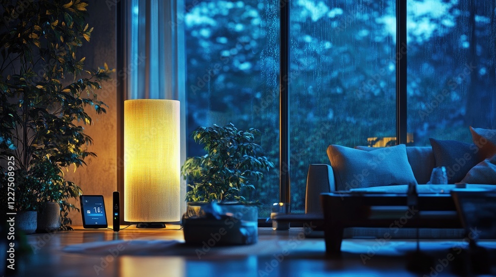 Poster a modern wireless router placed in a cozy home environment, transmitting waves to multiple devices, 