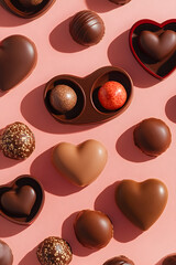Fototapeta premium A knolling flatlay photo of deluxe chocolate bonbons, neatly arranged in a red heart shaped box.