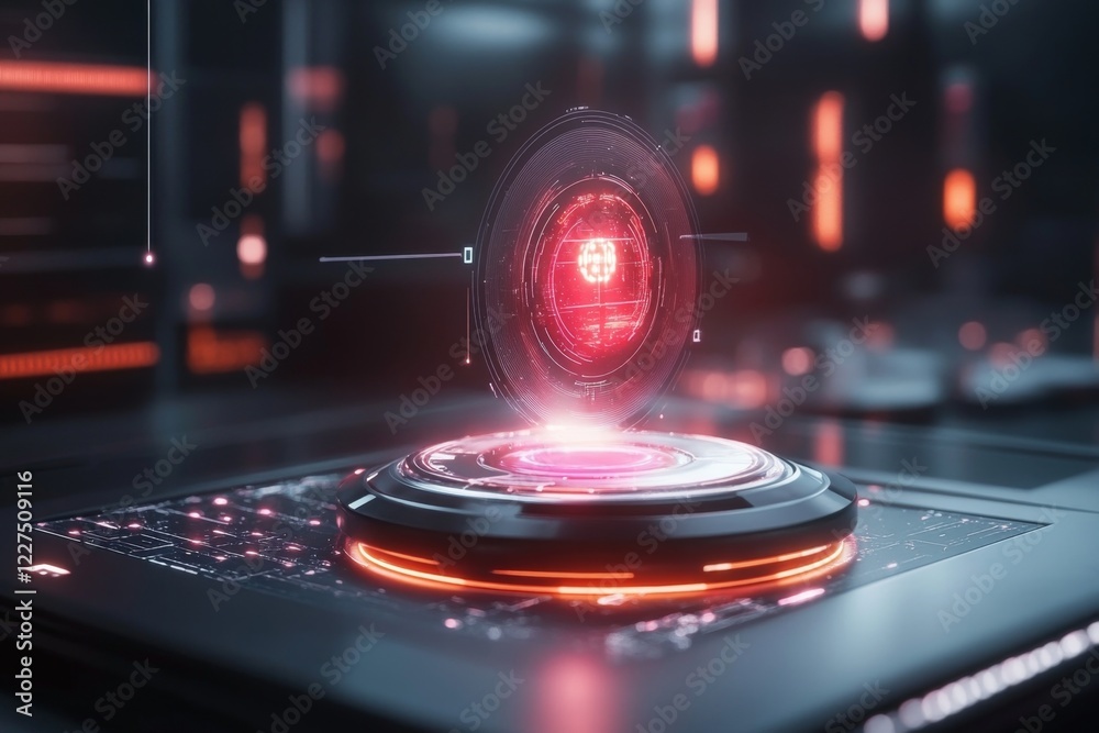 Aufkleber A futuristic holographic display highlighting a single glowing object in a grid of similar items, with vibrant neon colors symbolizing its special importance