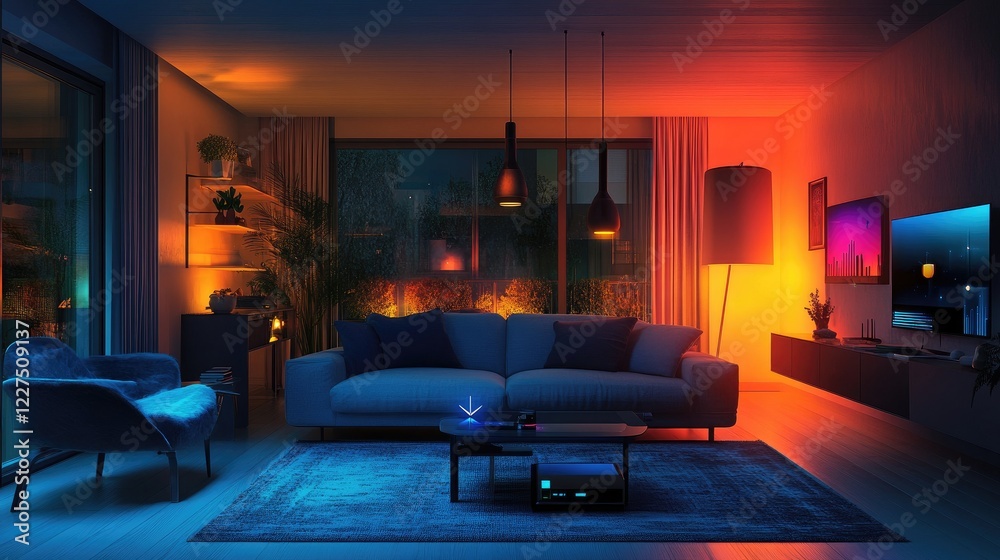 Poster a modern wireless router placed in a cozy home environment, transmitting waves to multiple devices, 