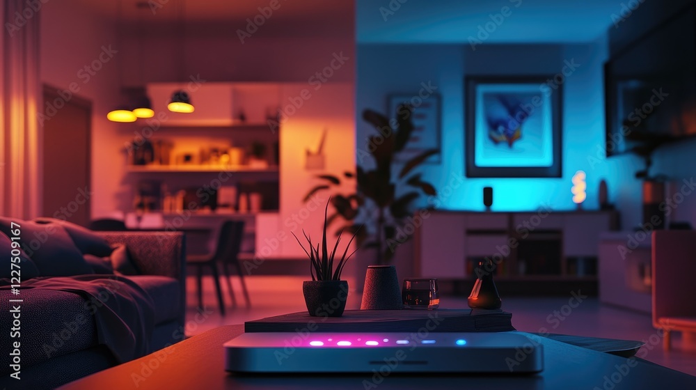 Poster a modern wireless router placed in a cozy home environment, transmitting waves to multiple devices, 