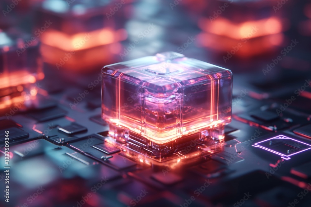 Poster A futuristic visualization of a glowing, uniquely shaped object in a grid of identical robotic structures, illuminated with neon blue and purple tones