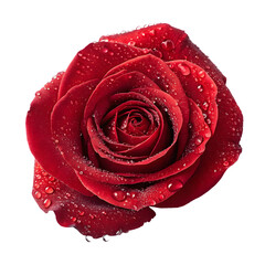 A single red rose covered in shimmering water droplets, capturing the beauty and love of Valentine's with a transparent background