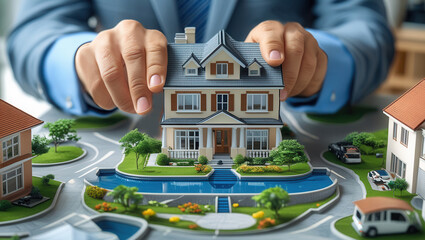 Man and model house with business papers documents, laptop and tablet. Real estate consultation, construction investment planning meeting