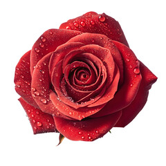 In the still darkness, a vibrant red rose emerges, its petals adorned with sparkling water droplets, celebrating Valentine's Day with a transparent background