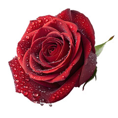 A radiant red rose drenched in delicate water droplets, the perfect symbol of Valentine's love with a transparent background