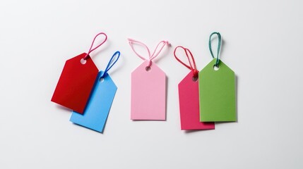 A neat arrangement of four colorful tags in red, blue, pink, and green, scattered across a pristine white background, offering a fresh and contemporary aesthetic