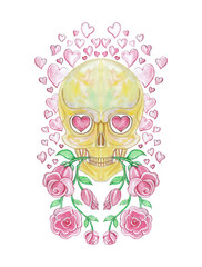 Love eternal skull illustration. A vibrant and romantic illustration featuring a golden skull with heart-shaped pink eyes, symbolizing eternal love. hand watercolor painting on paper.