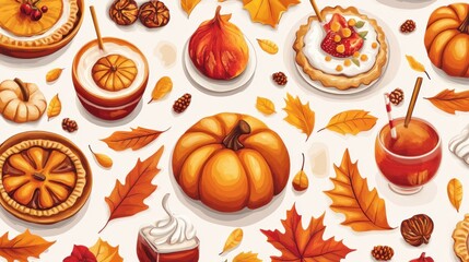 A seamless Thanksgiving-themed pattern featuring pumpkins, autumn leaves, pies, and seasonal drinks, creating a warm and festive holiday design