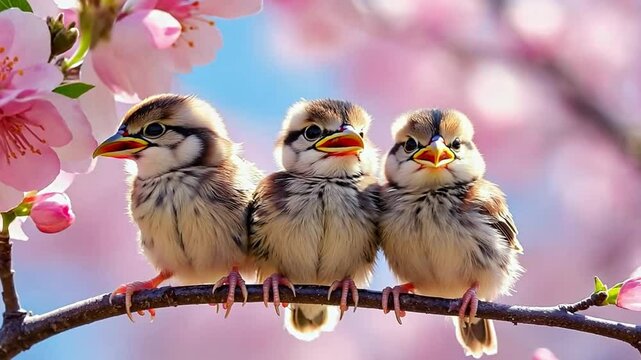 Small sparrows chicks sit in garden surrounded by pink Sakura blossoms
