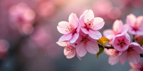 Fototapeta premium Delicate pink blossoms, soft focus, lush background, close-up, flower art