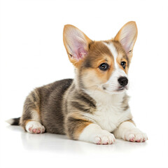 Obraz premium Welsh Corgi puppy lying down on a white background.