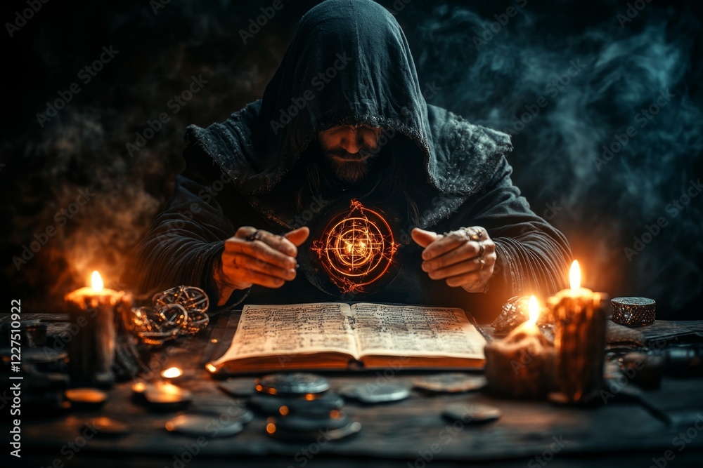 Poster a gothic depiction of a consultant sitting at a dark wooden desk with candles casting eerie light on