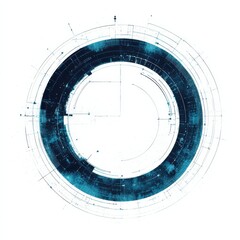 A circular abstract design featuring blue and white patterns, resembling a digital interface or futuristic map.