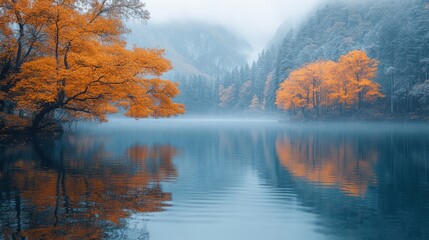 Fototapeta premium Misty lake scene with vibrant orange autumn trees and reflections in the water