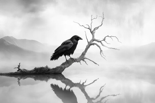 A gothic depiction of a crow cawing loudly on a barren tree, with ominous shadows and rippling water below capturing the unsettling atmosphere