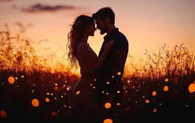 Silhouetted couple dancing under the magical glow of string lights in serene countryside field at sunset