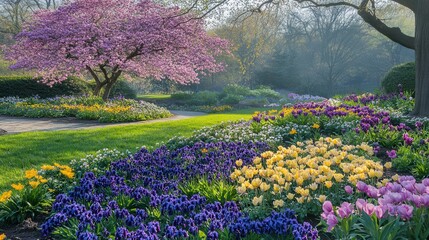 Fototapeta premium A serene spring garden filled with blooming flowers in shades of pink, purple, and yellow, including cherry blossoms and violets