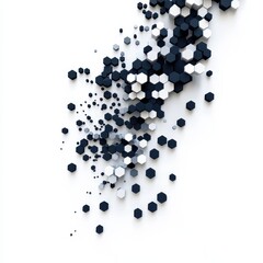 A dynamic arrangement of hexagonal shapes in varying shades of black, white, and gray, creating a visually striking pattern against a white background.