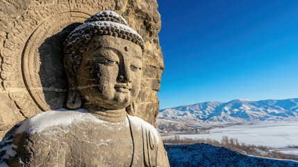 Obraz premium Expansive View of Colossal Buddha Carving Surrounded by Natural Beauty and Mountain Landscape