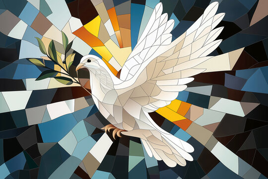 Stained glass white dove with olive branch as sign of peace