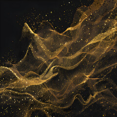 Abstract golden waves with sparkling particles on a black background.