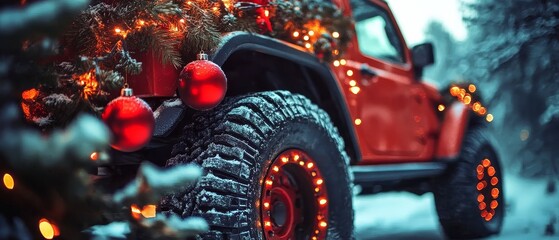 Festive Christmas Wreath Decoration on Off-Road Vehicle